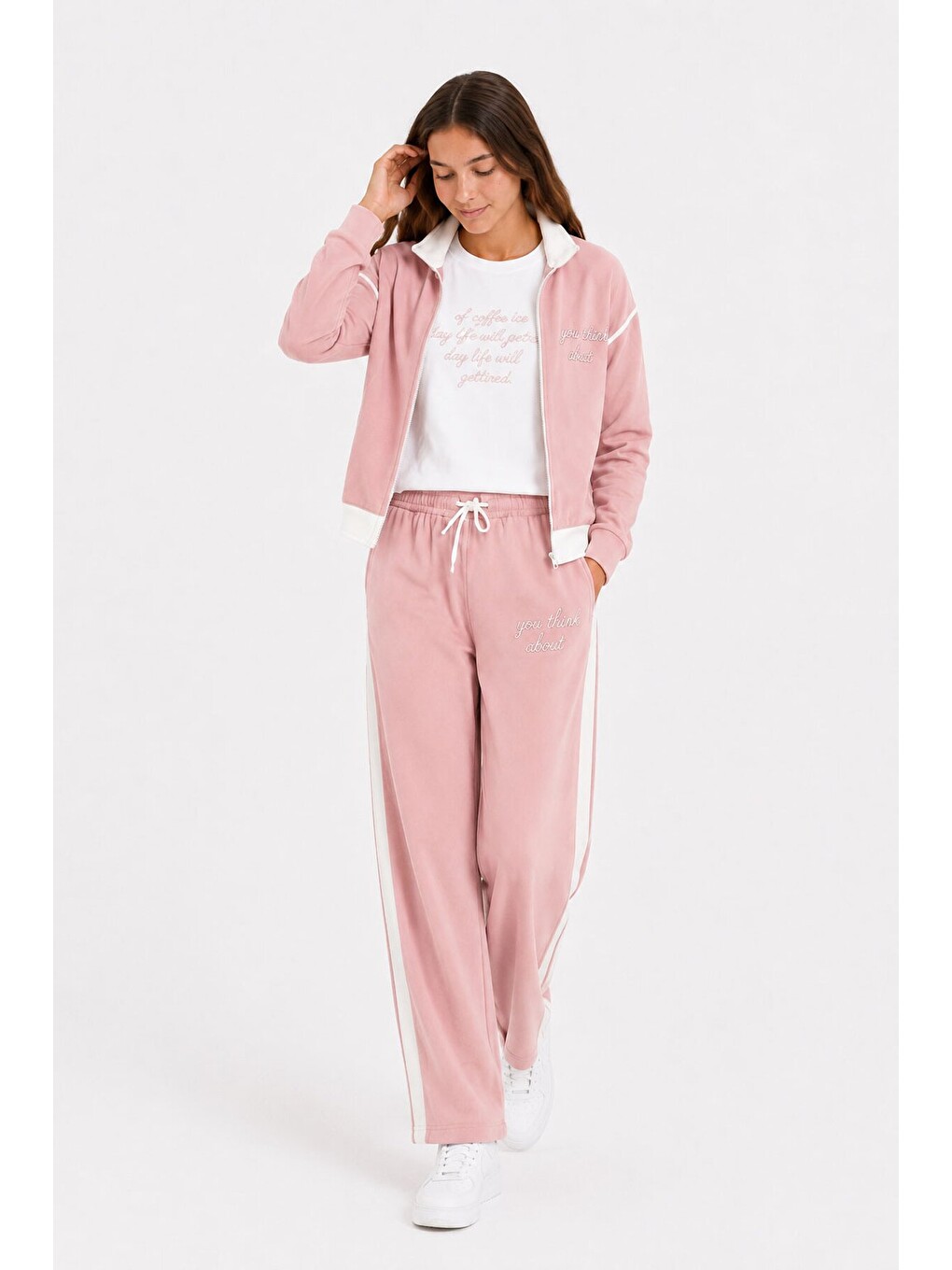 Pembe Kız Çocuk Taşlı Dik Yaka Hırkalı Geniş Paça 3lü Alt Üst Takım 24737-2