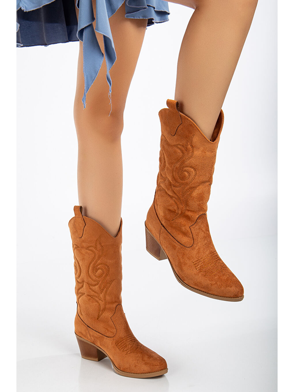 Kahverengi Kadın Taba Süet Termo Taban Nakışlı Sivri Burunlu Western Uzun Kovboy Bot
