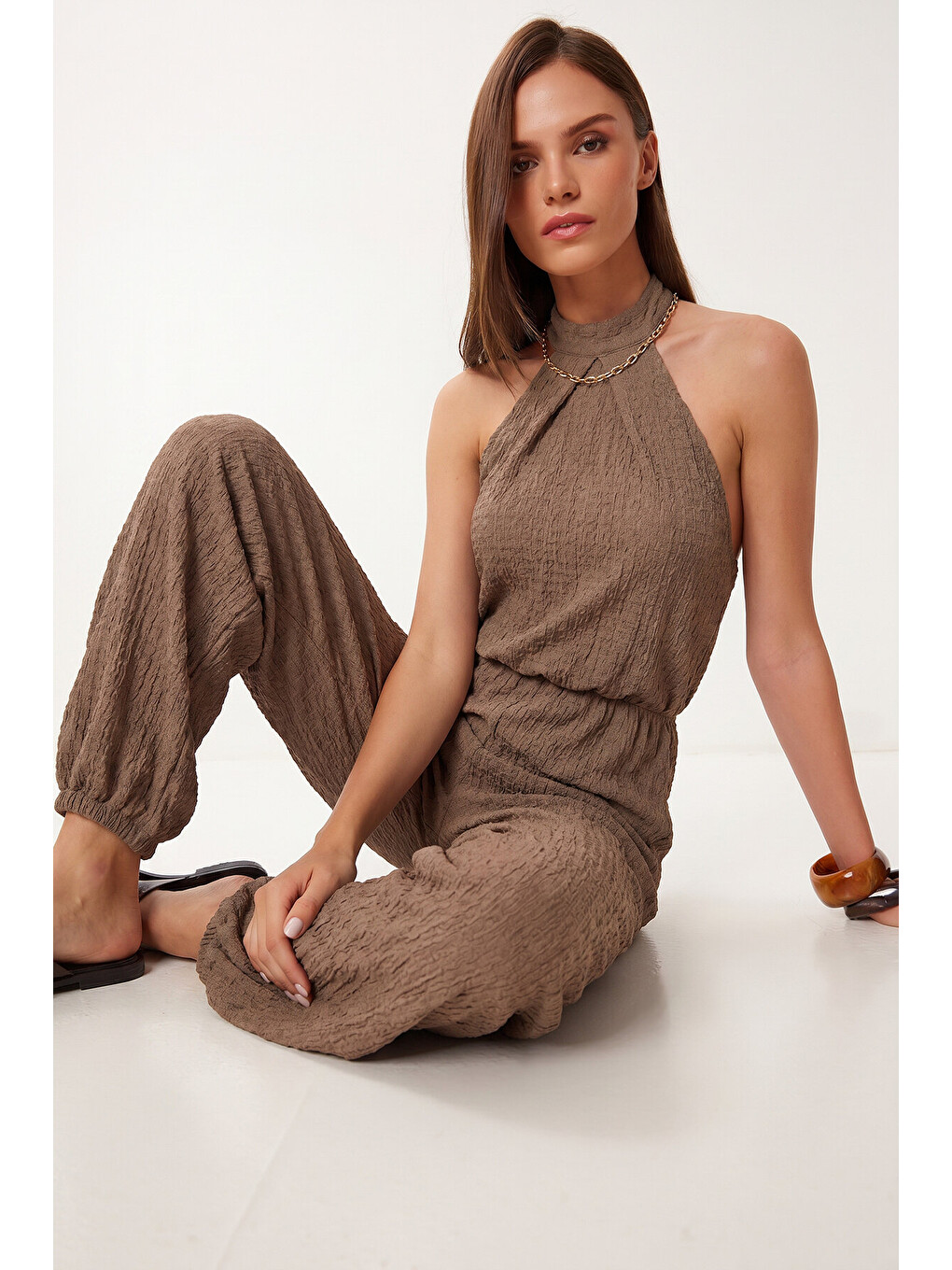 Bej Halter Yaka Bluz Pantolon Krinkıl Takım VİZON LFW0027-1