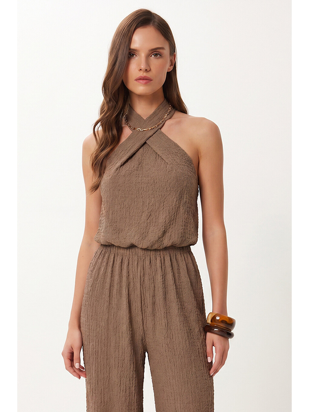 Bej Halter Yaka Bluz Pantolon Krinkıl Takım VİZON LFW0027-2