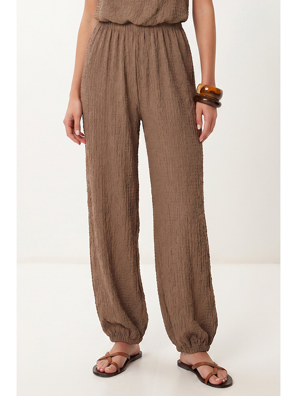 Bej Halter Yaka Bluz Pantolon Krinkıl Takım VİZON LFW0027-3