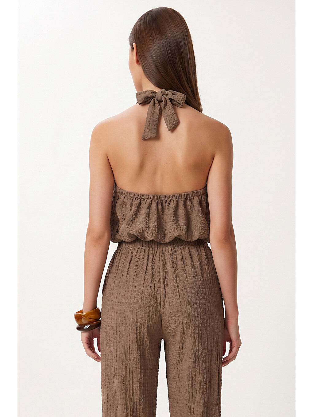 Bej Halter Yaka Bluz Pantolon Krinkıl Takım VİZON LFW0027-4