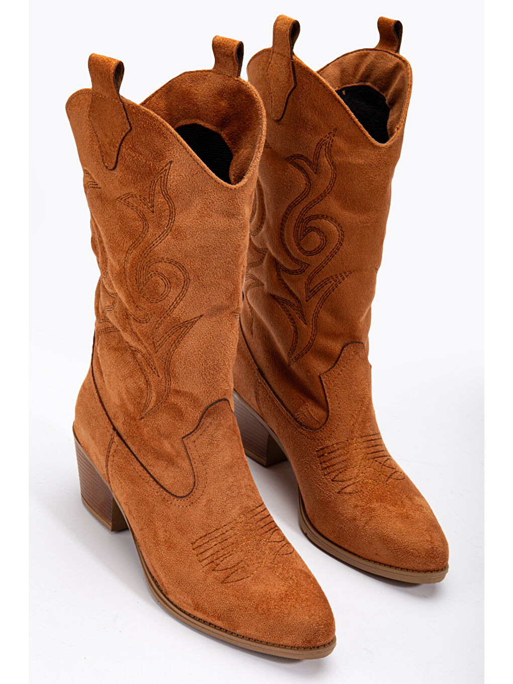 Kahverengi Kadın Taba Süet Termo Taban Nakışlı Sivri Burunlu Western Uzun Kovboy Bot-1