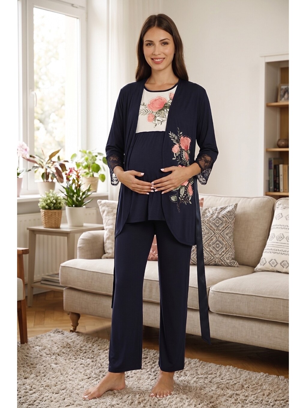 Lacivert Rosette Çiçek Desenli Dantel Detaylı Sabahlıklı Hamile Ve Lohusa Pijama Takımı-5
