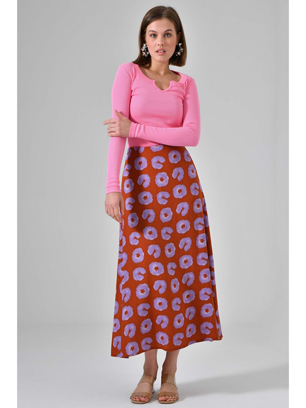 Mor Desenli Kadın A Kesim Normal Bel Çiçek Desenli Midi Dokuma Etek - Viskon-1