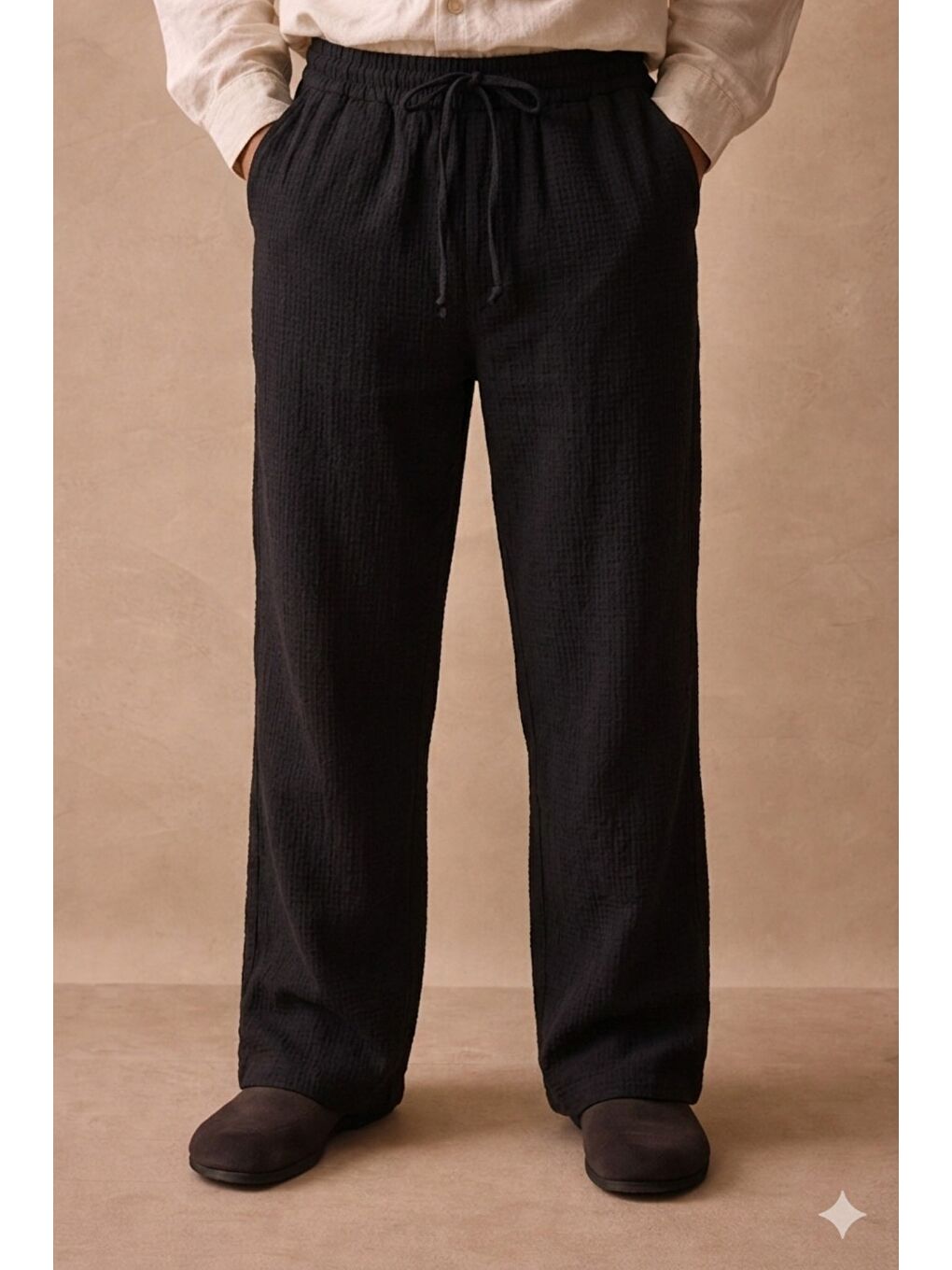 Siyah Erkek Renk Keten Pantolon Lastikli Bel Rahat (Regular) Kalıp Günlük