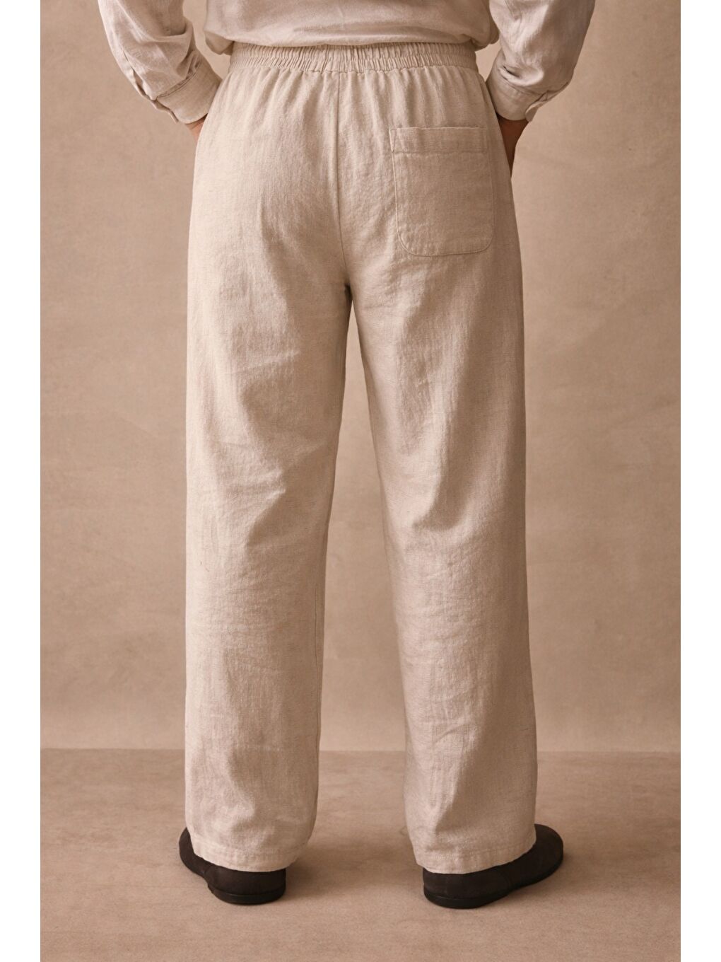 Bej Erkek Renk Keten Pantolon Lastikli Bel Rahat (Regular) Kalıp Günlük-1