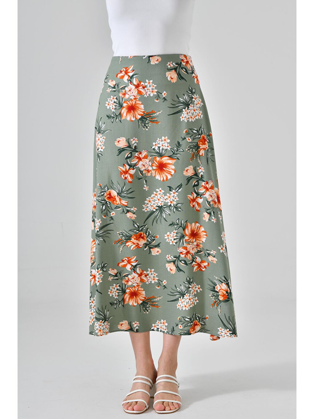 Yeşil Mint Çiçekli Kadın A Kesim Normal Bel Çiçek Desenli Midi Dokuma Etek - Viskon-2