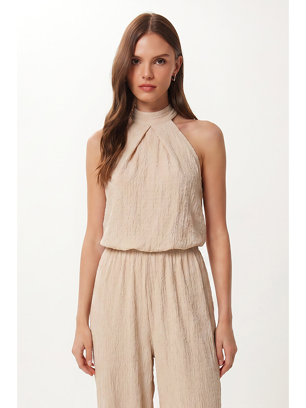 Ekru Halter Yaka Bluz Pantolon Krinkıl Takım KREM LFW0027-4