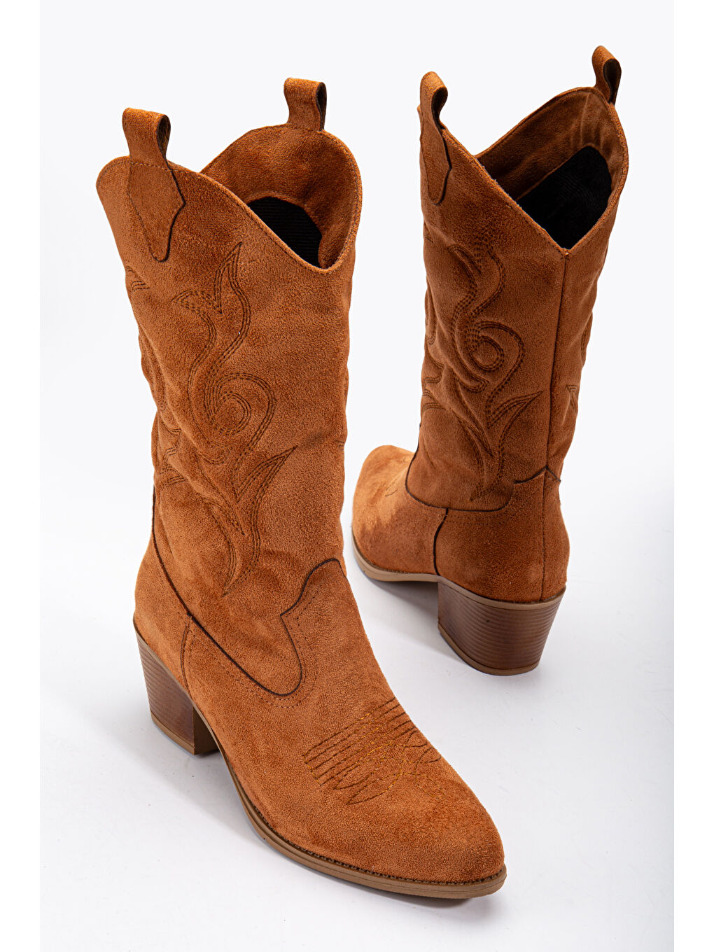 Kahverengi Kadın Taba Süet Termo Taban Nakışlı Sivri Burunlu Western Uzun Kovboy Bot-2