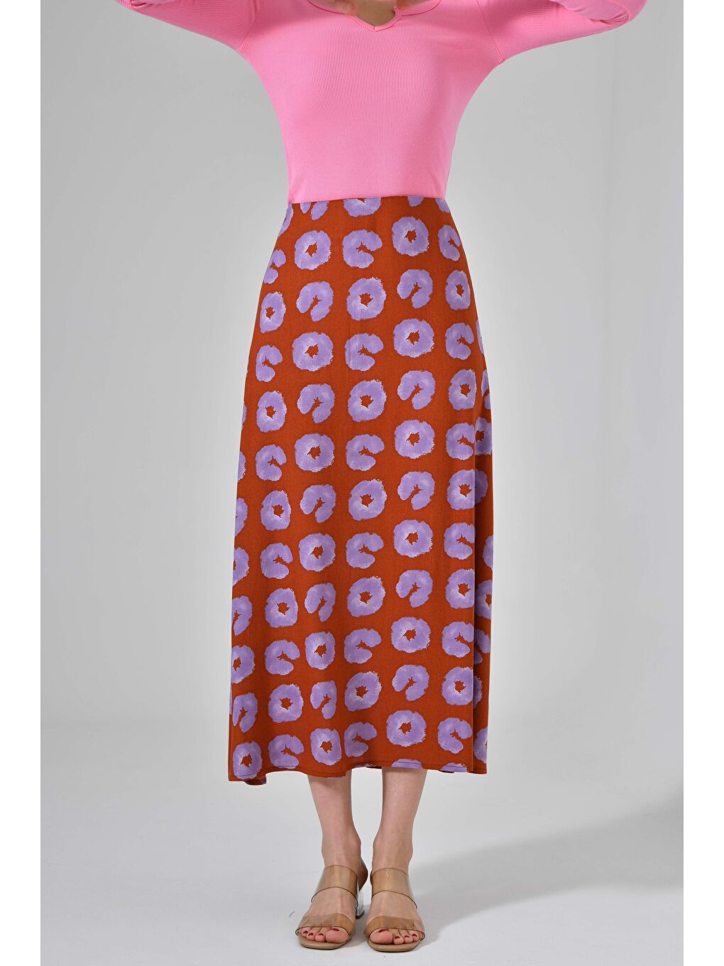 Mor Desenli Kadın A Kesim Normal Bel Çiçek Desenli Midi Dokuma Etek - Viskon-2