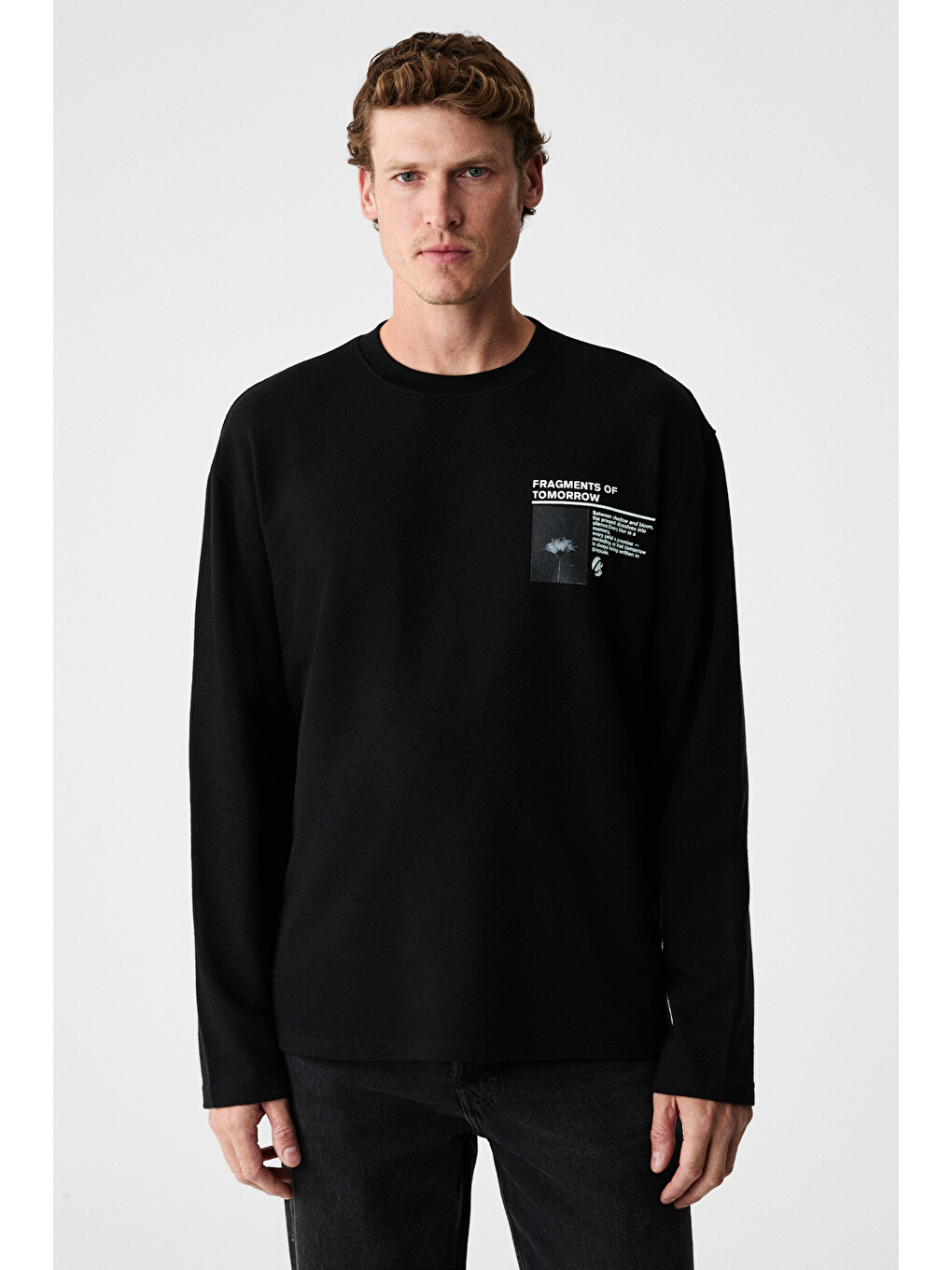 Fragment Erkek %100 Organik Pamuklu Baskılı Uzun Kollu Siyah T-shirt-1