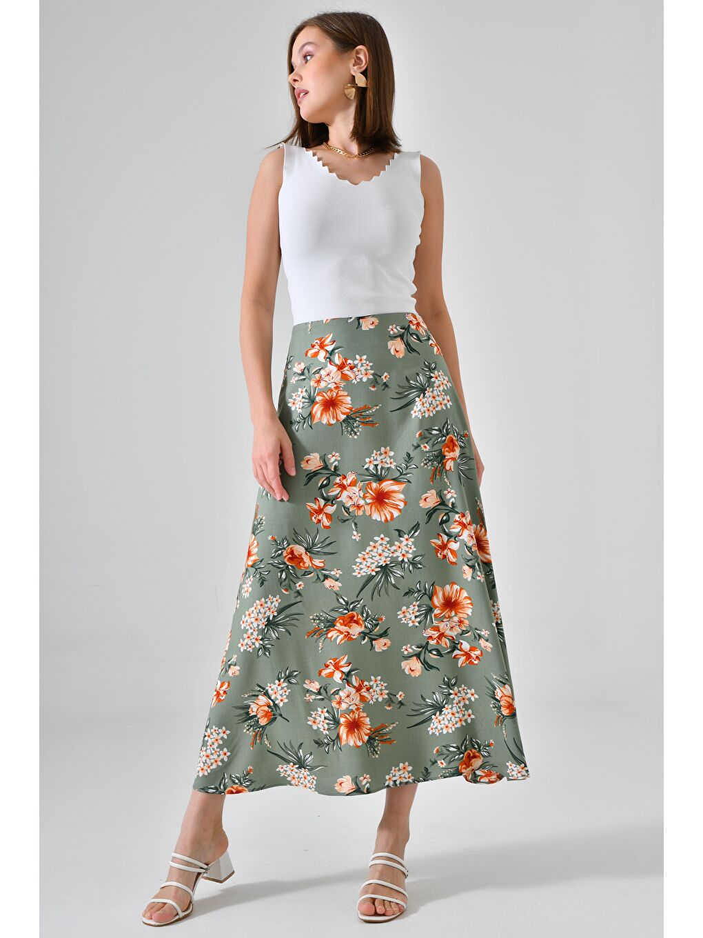 Yeşil Mint Çiçekli Kadın A Kesim Normal Bel Çiçek Desenli Midi Dokuma Etek - Viskon-3