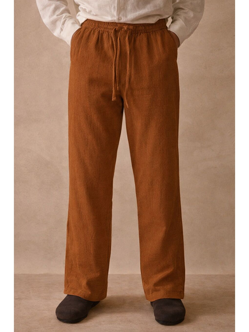 Kahverengi Erkek Renk Keten Pantolon Lastikli Bel Rahat (Regular) Kalıp Günlük