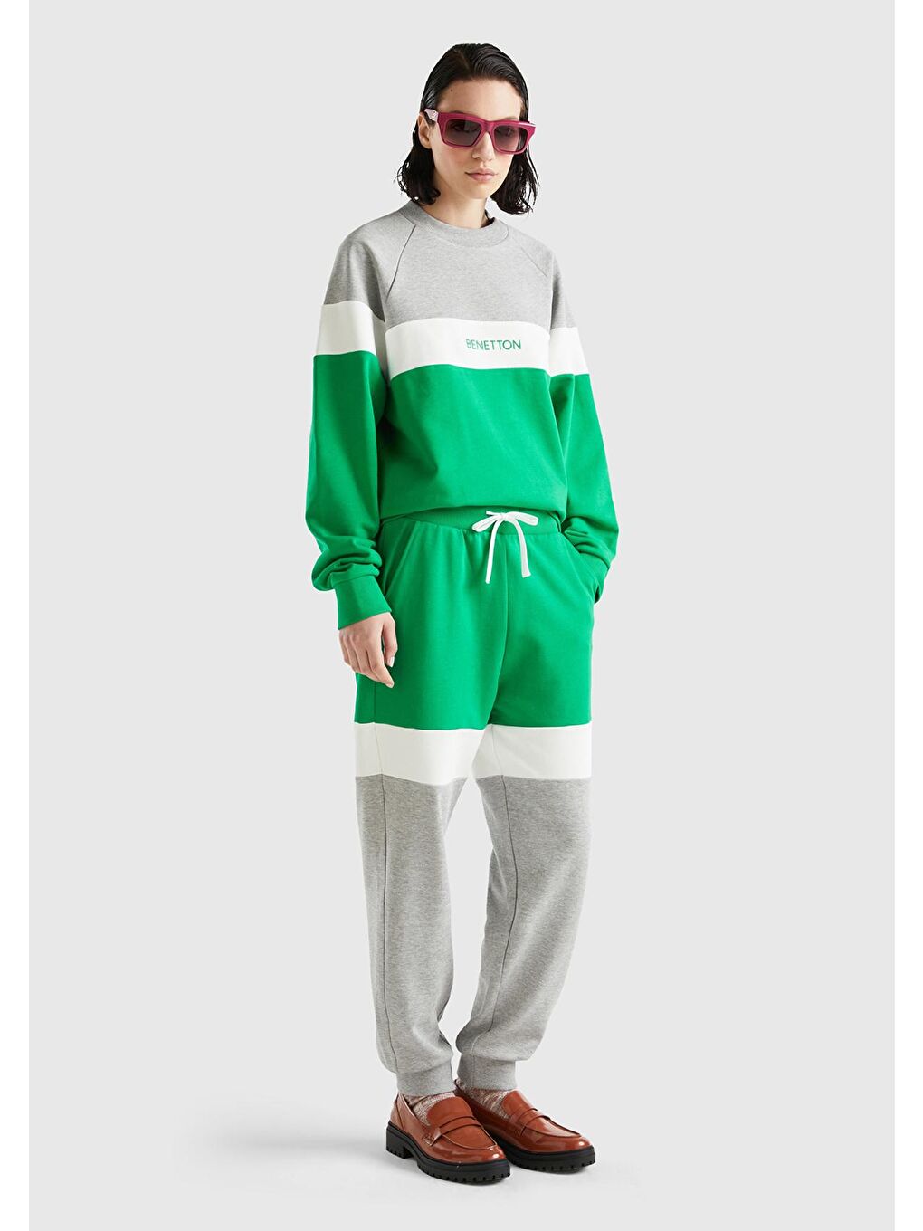 Unisex Yeşil %100 Pamuk Renk Bloklu Eşofman Altı