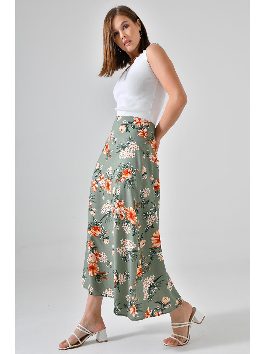 Yeşil Mint Çiçekli Kadın A Kesim Normal Bel Çiçek Desenli Midi Dokuma Etek - Viskon-4
