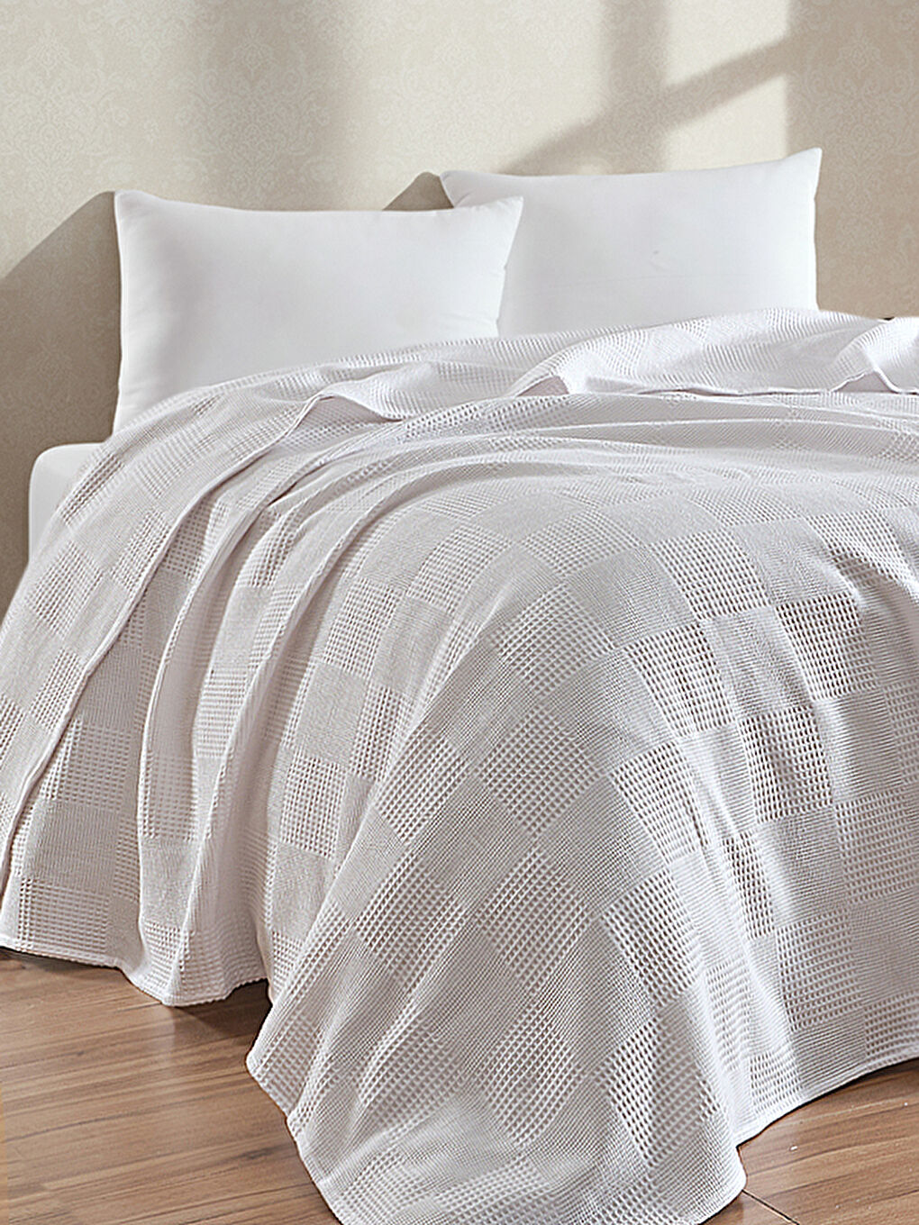 %100 Pamuk Pike Battal Boy Örtü – Karo Desen Beyaz Renk, 240x230 cm