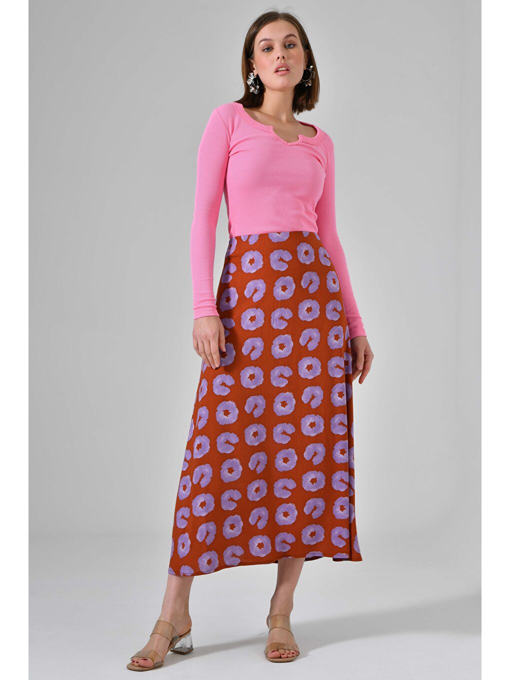 Mor Desenli Kadın A Kesim Normal Bel Çiçek Desenli Midi Dokuma Etek - Viskon-4