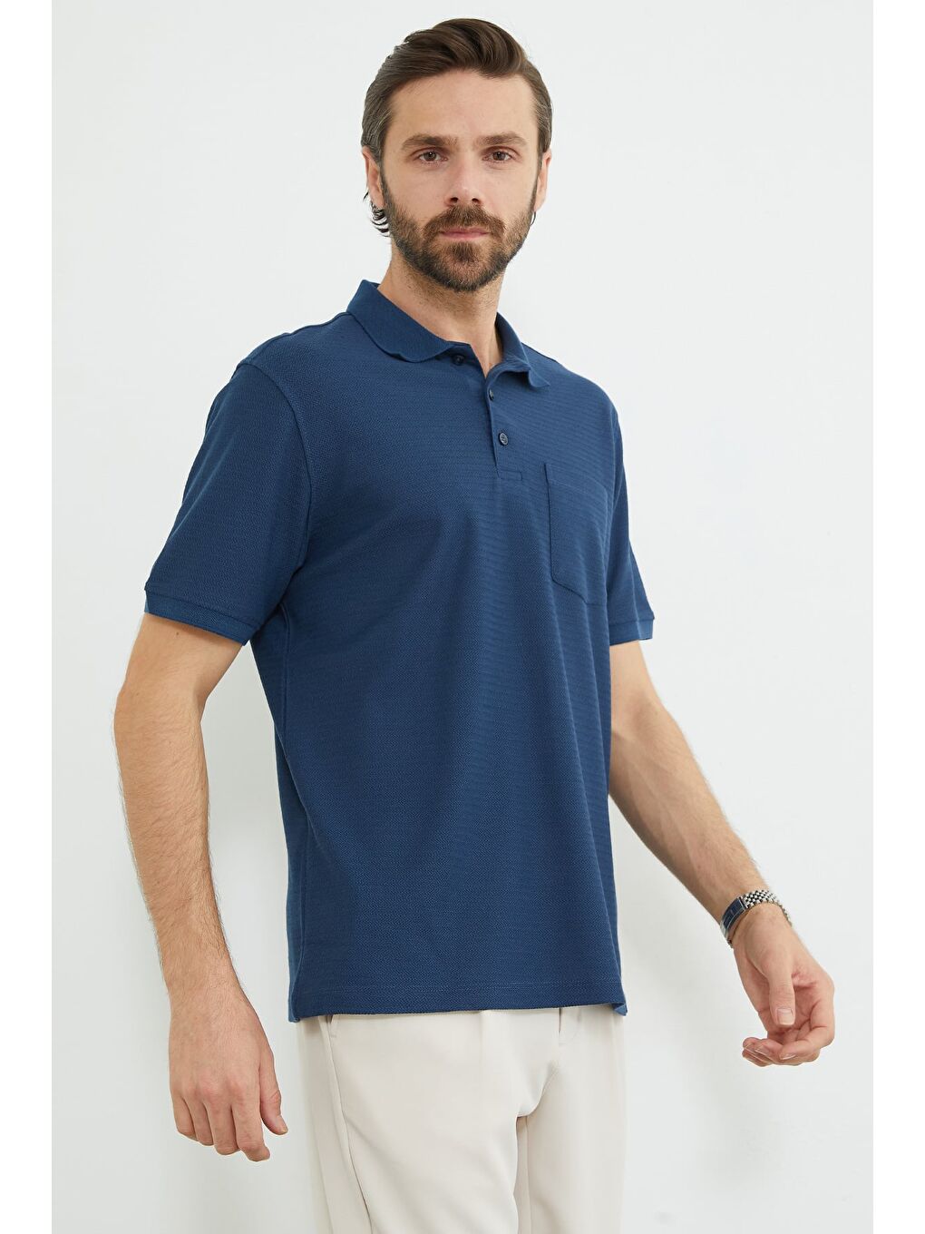 Lacivert Desenli Tek Cepli Polo Yaka Tişört