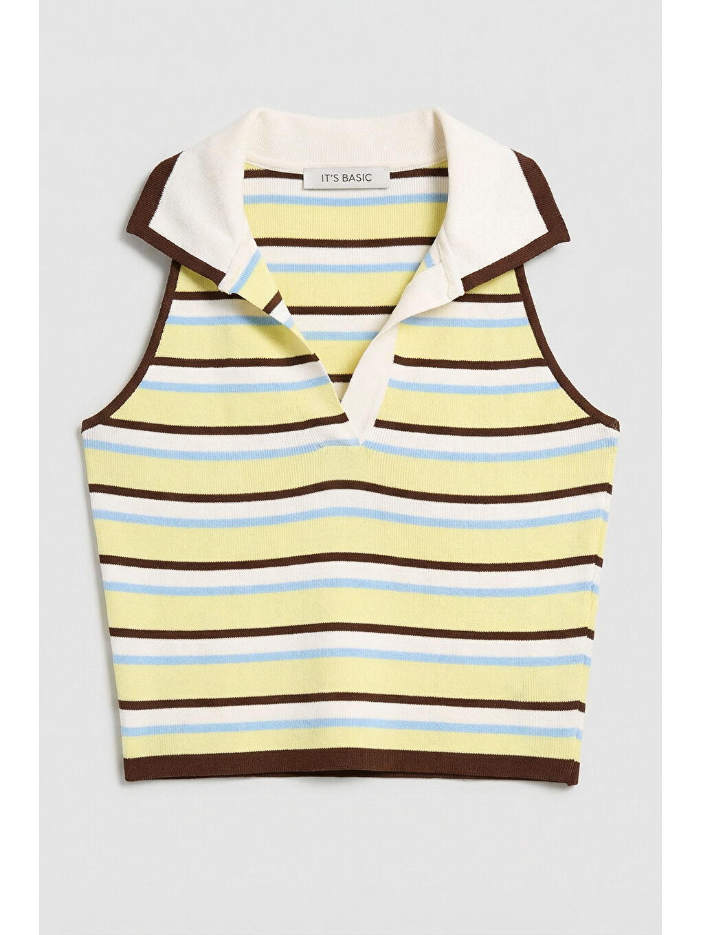 Kadın Sarı Çizgili s6-108 Crop Fit Polo Yaka İnce Yazlık Triko Body