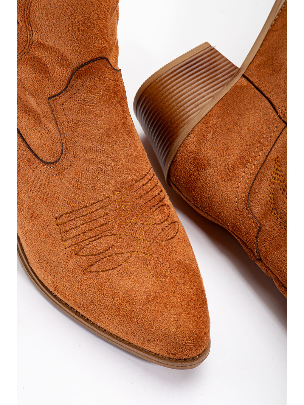 Kahverengi Kadın Taba Süet Termo Taban Nakışlı Sivri Burunlu Western Uzun Kovboy Bot-3