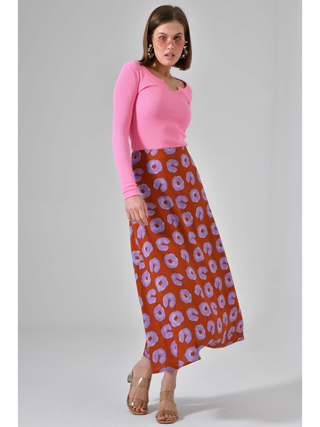 Mor Desenli Kadın A Kesim Normal Bel Çiçek Desenli Midi Dokuma Etek - Viskon-5