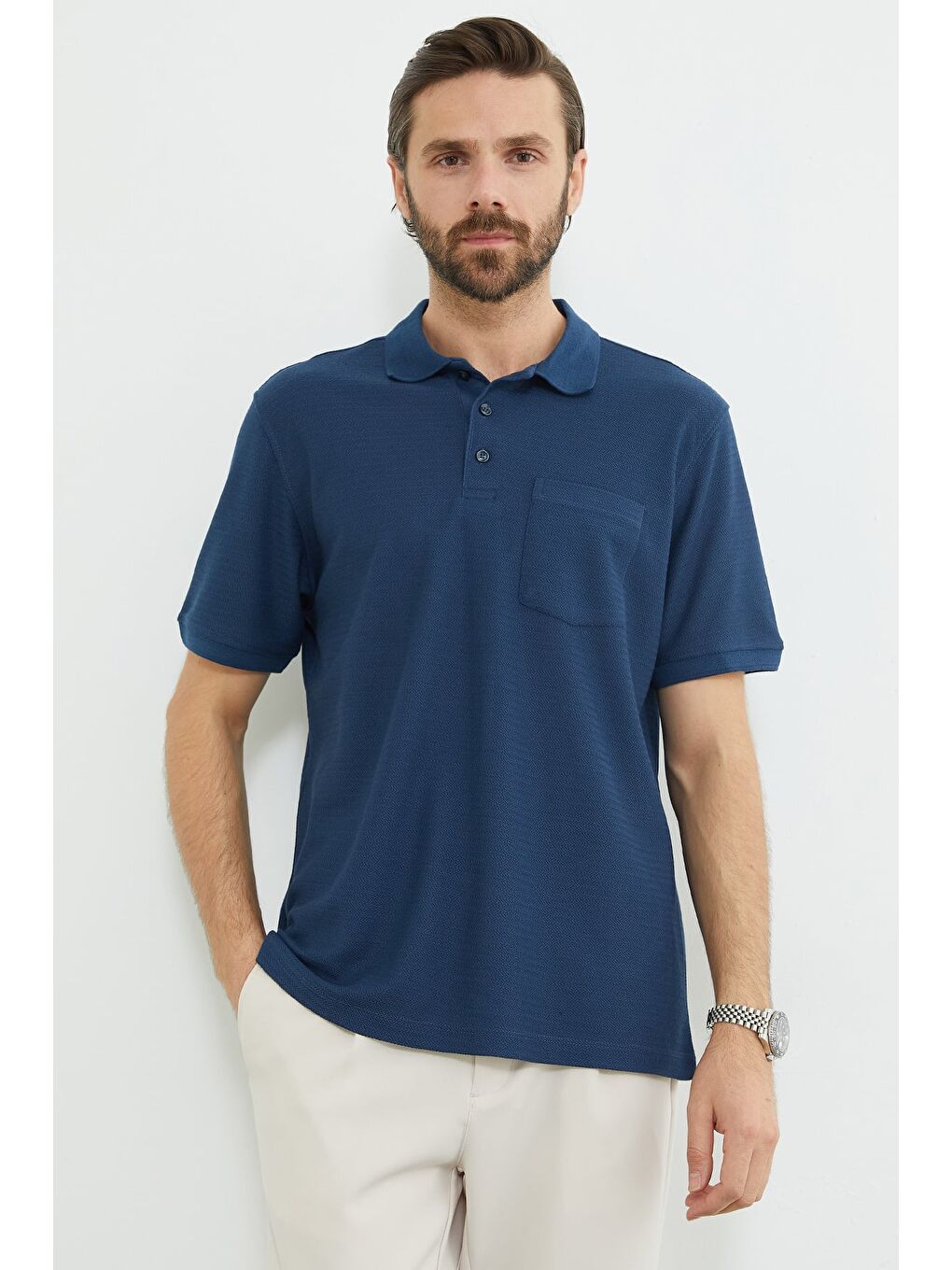 Lacivert Desenli Tek Cepli Polo Yaka Tişört-1