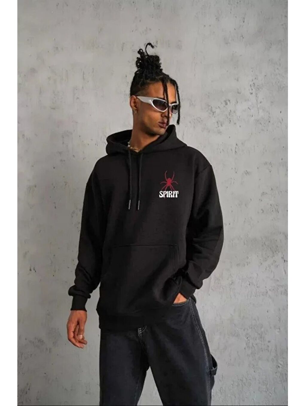 Unisex Kapüşonlu Baskılı Sweetshirt - Siyah