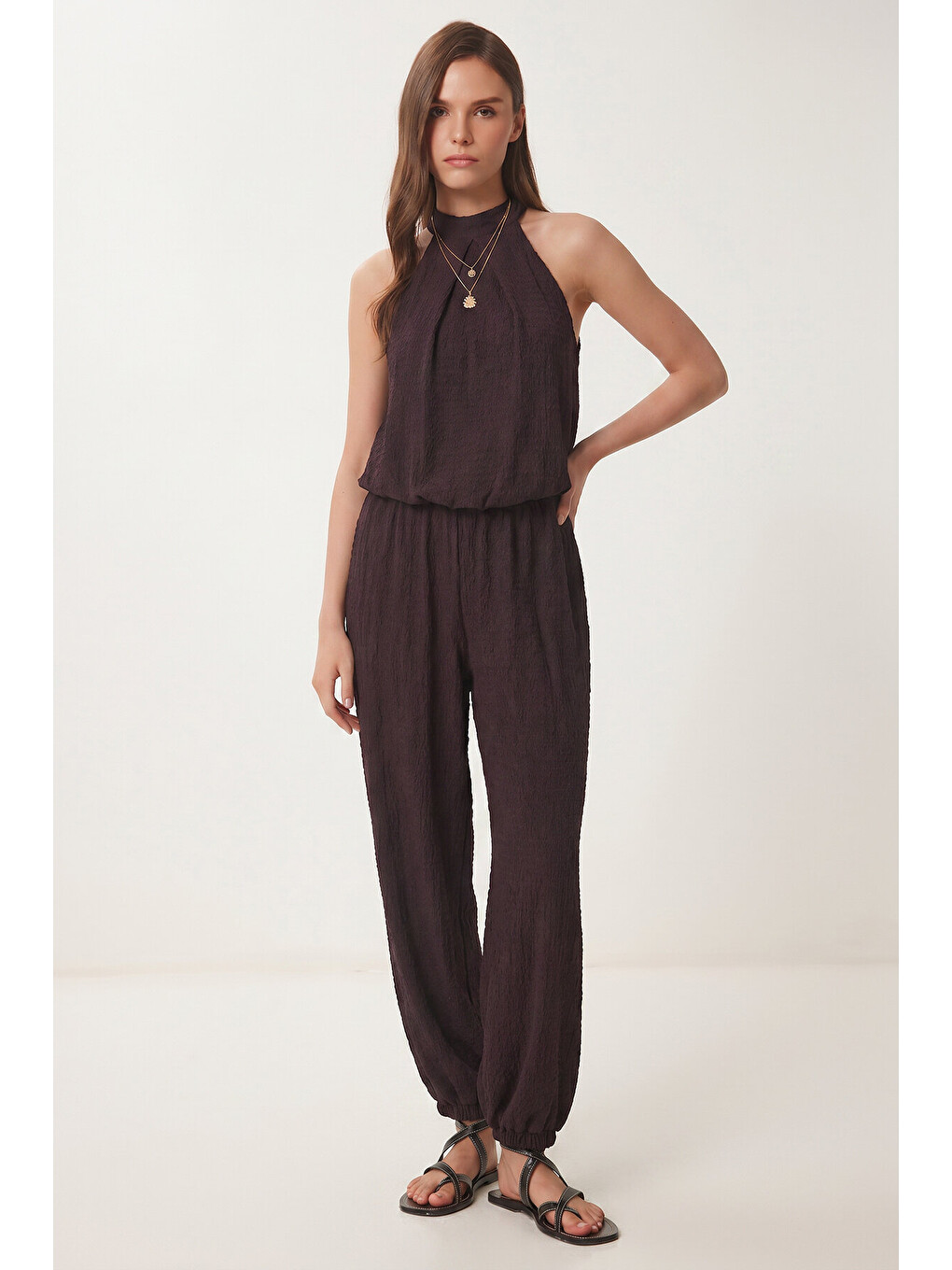 Mürdüm Halter Yaka Bluz Pantolon Krinkıl Takım MÜRDÜM LFW0027
