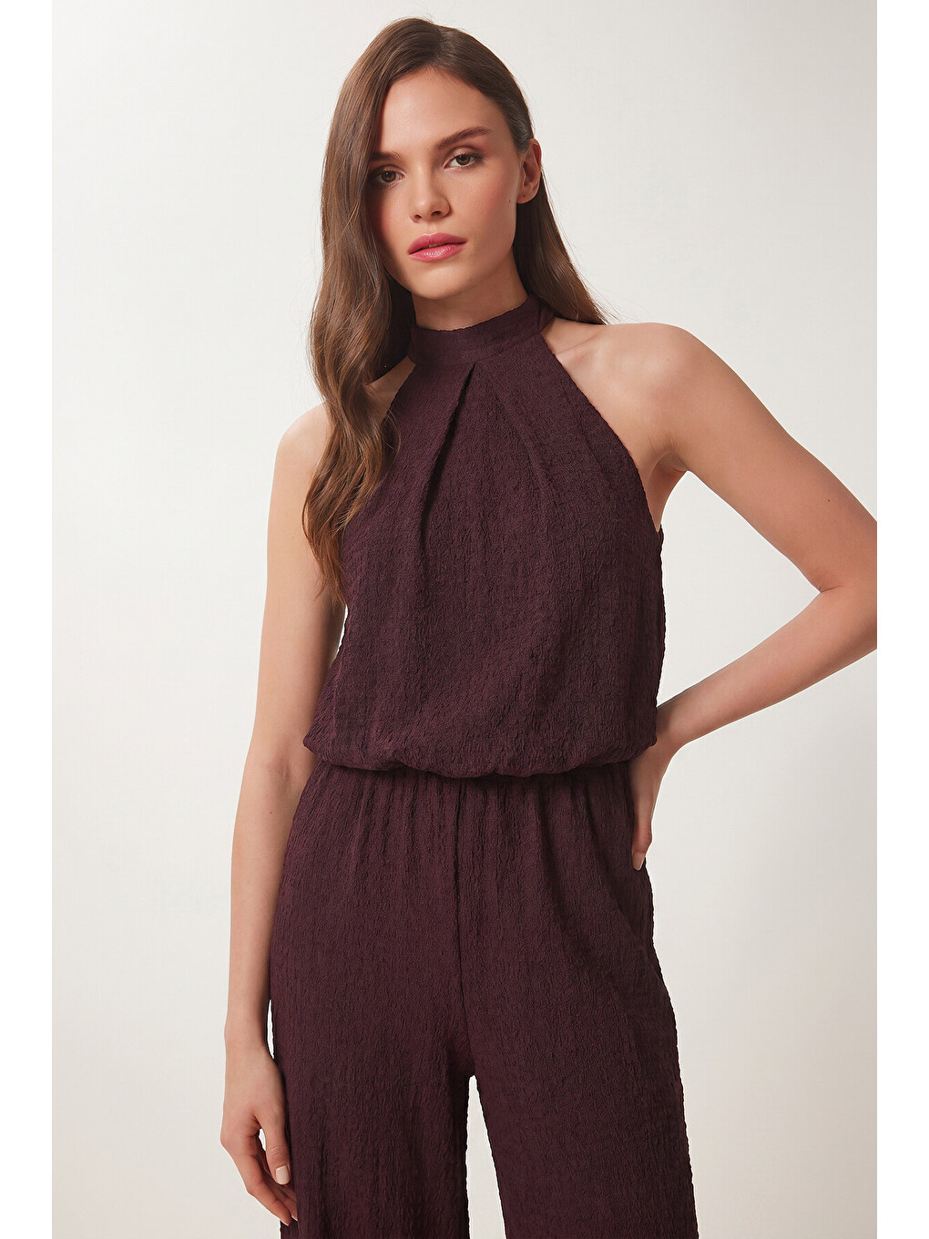 Mürdüm Halter Yaka Bluz Pantolon Krinkıl Takım MÜRDÜM LFW0027-1