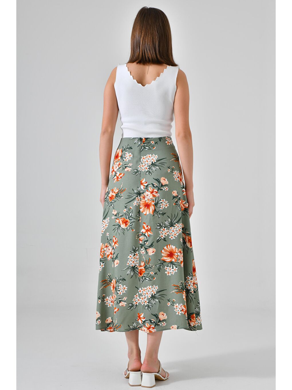 Yeşil Mint Çiçekli Kadın A Kesim Normal Bel Çiçek Desenli Midi Dokuma Etek - Viskon-6