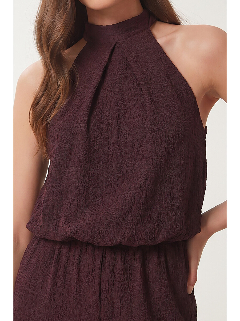 Mürdüm Halter Yaka Bluz Pantolon Krinkıl Takım MÜRDÜM LFW0027-2