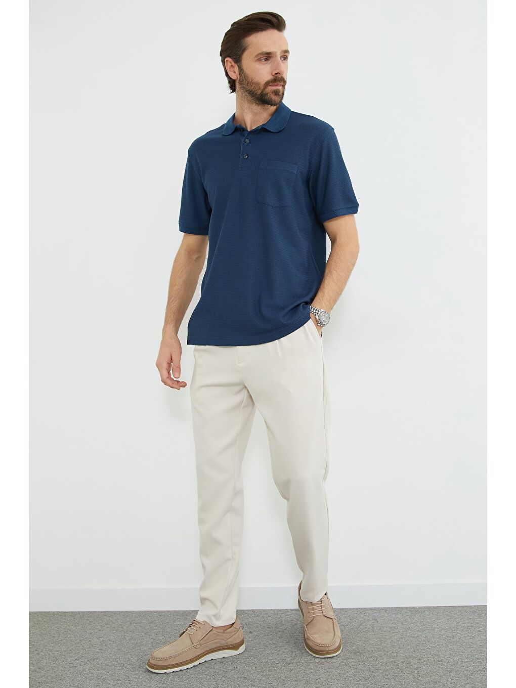 Lacivert Desenli Tek Cepli Polo Yaka Tişört-2