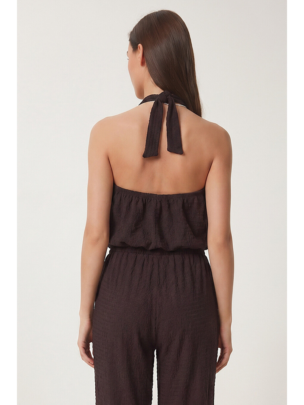 Mürdüm Halter Yaka Bluz Pantolon Krinkıl Takım MÜRDÜM LFW0027-4