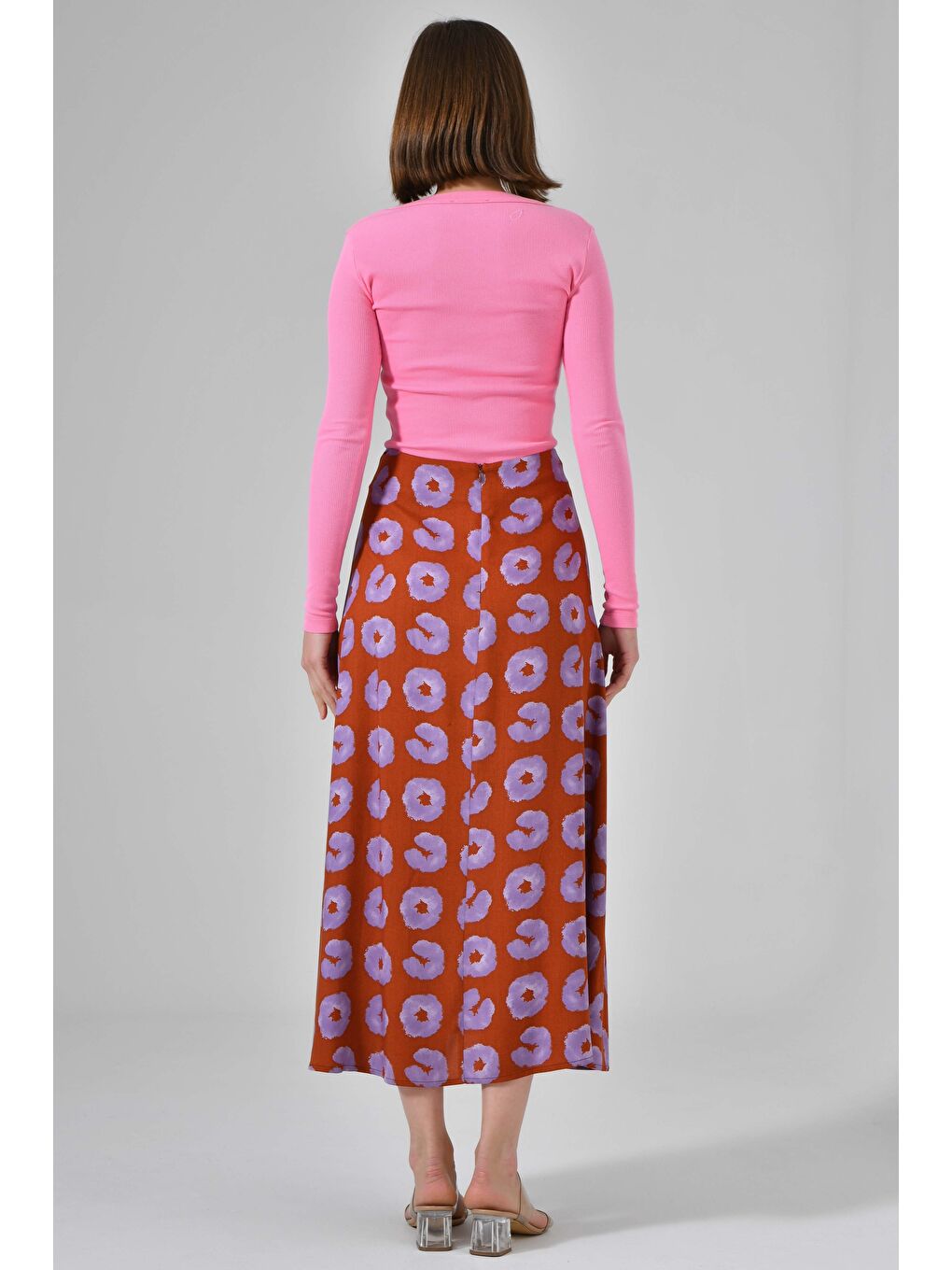 Mor Desenli Kadın A Kesim Normal Bel Çiçek Desenli Midi Dokuma Etek - Viskon-6