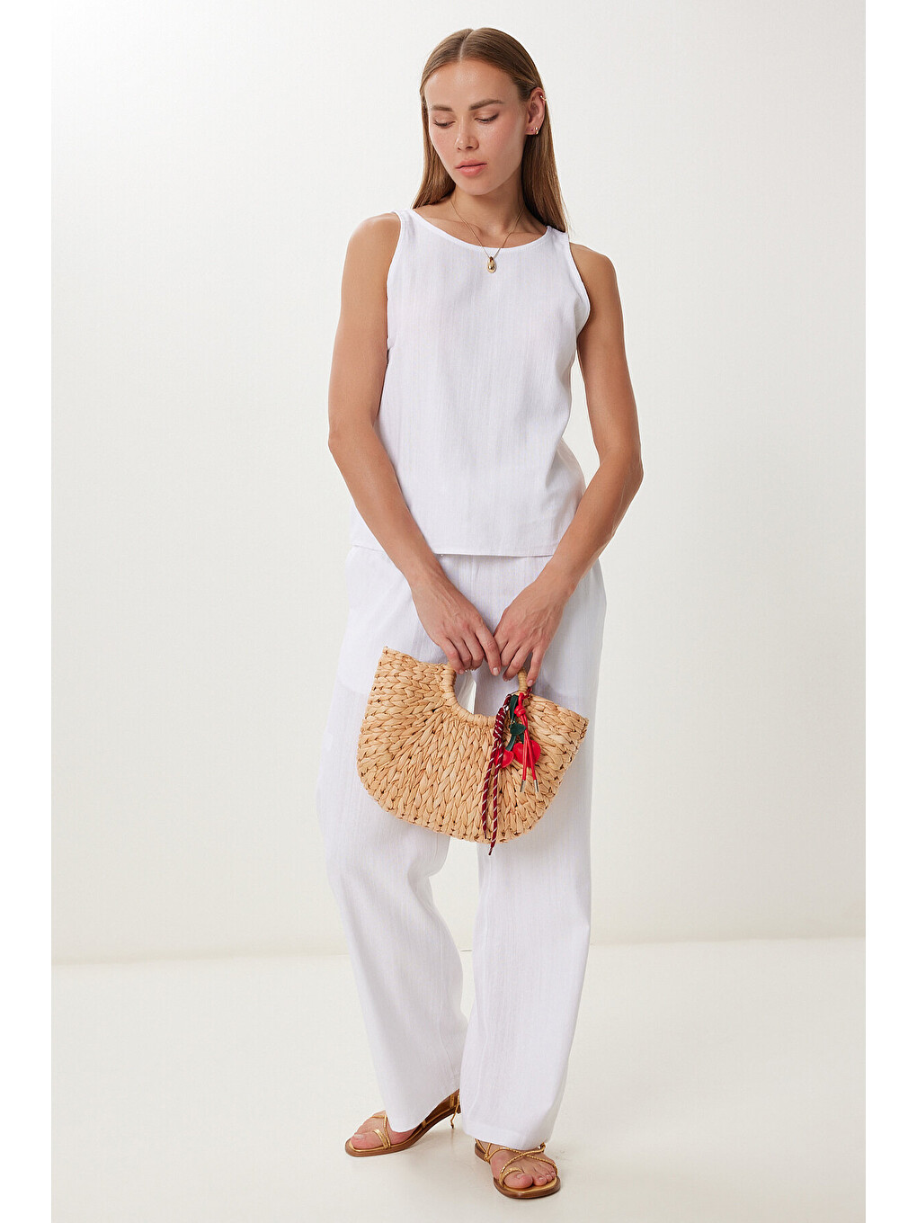 Beyaz Keten Bluz Pantolon Takım BEYAZ LMC0062-1