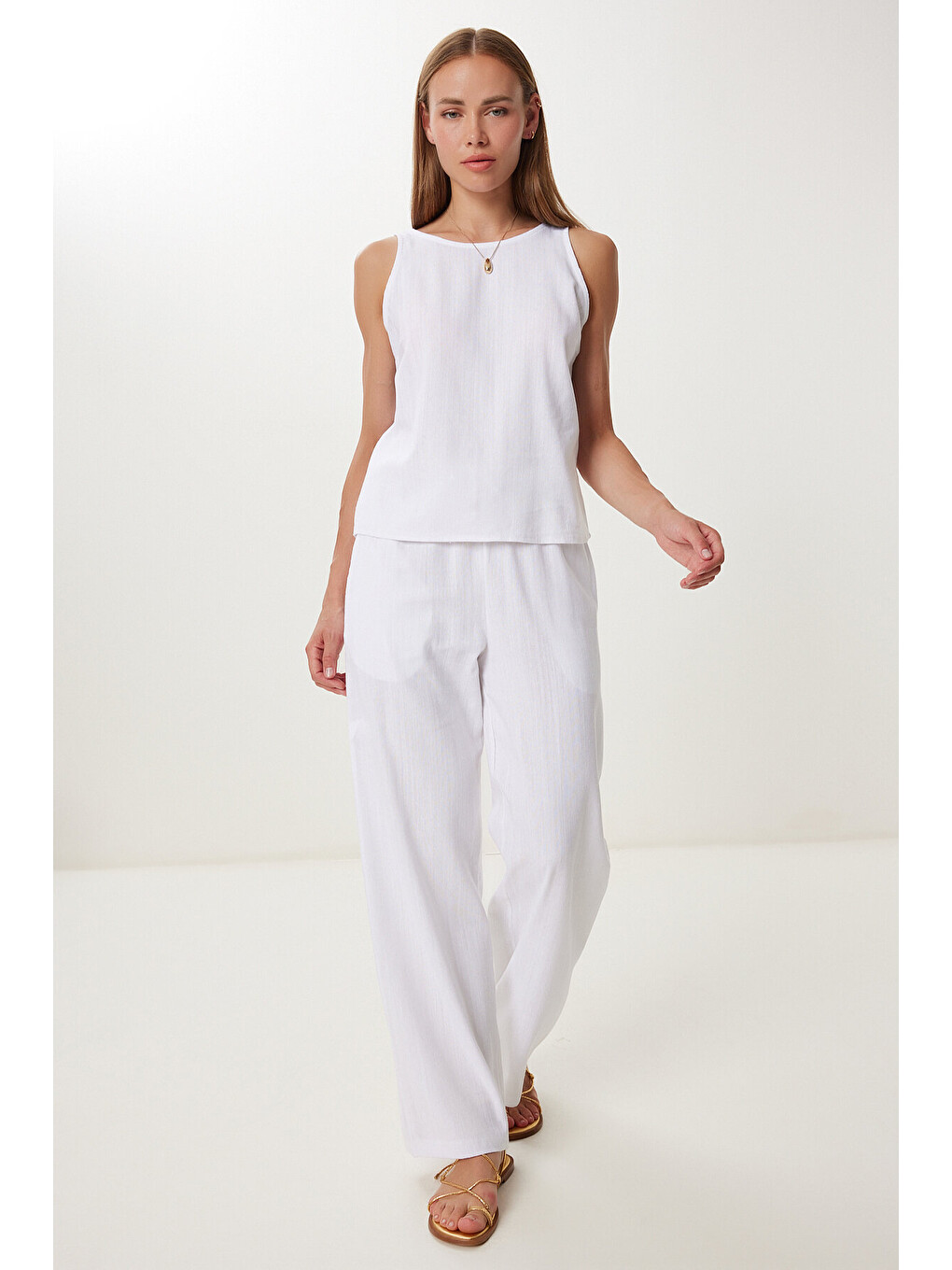 Beyaz Keten Bluz Pantolon Takım BEYAZ LMC0062-2
