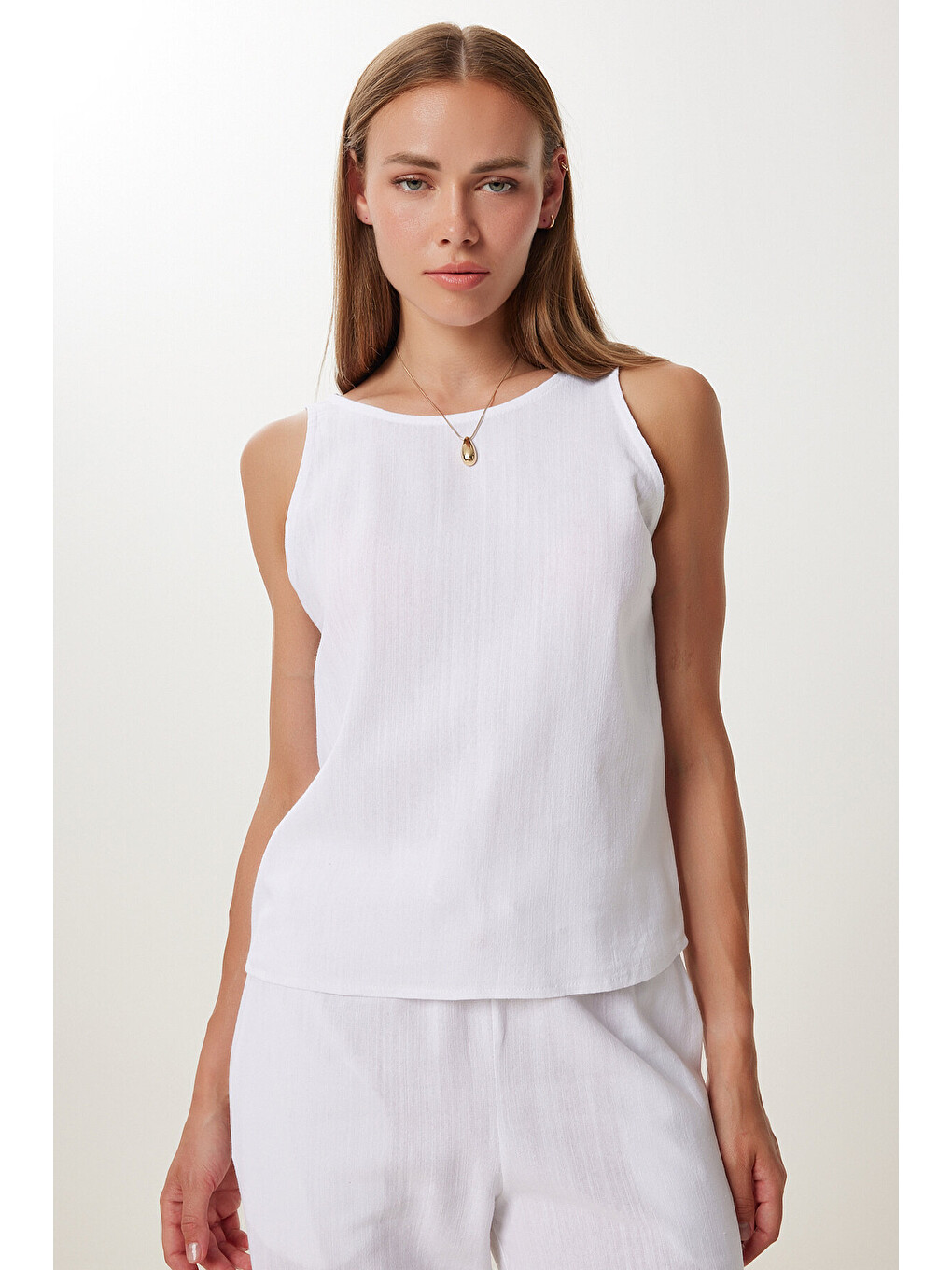Beyaz Keten Bluz Pantolon Takım BEYAZ LMC0062-3