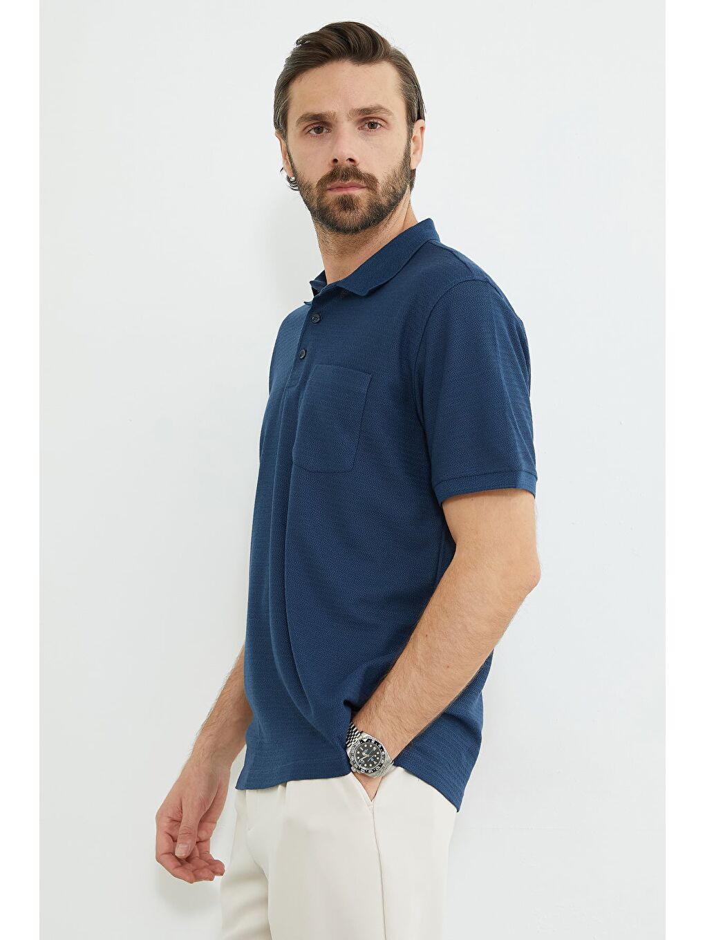 Lacivert Desenli Tek Cepli Polo Yaka Tişört-3