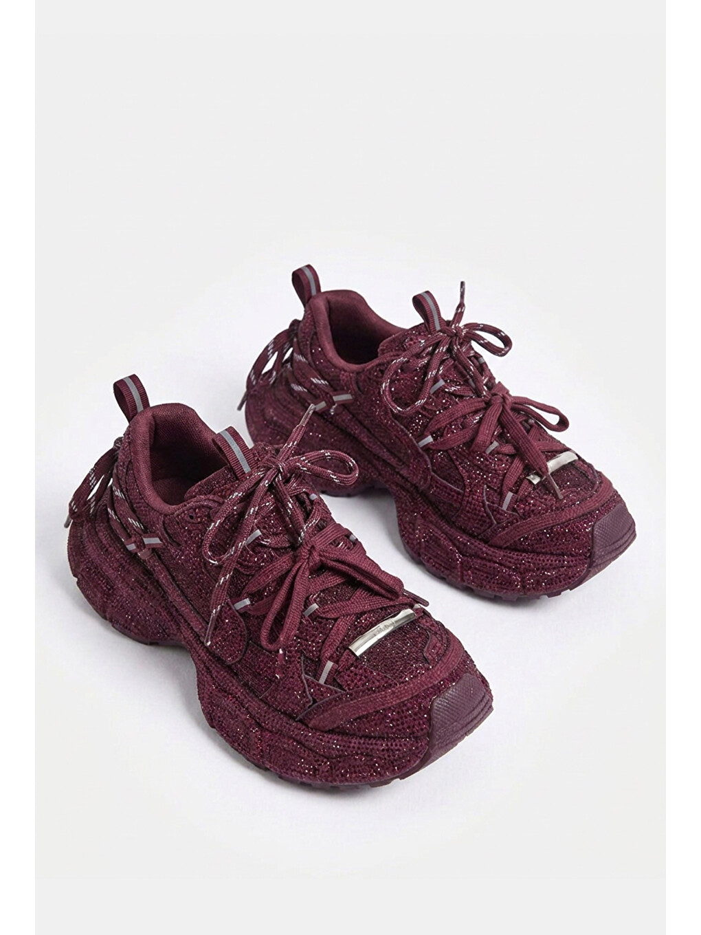 Kırmızı Kadın Bordo T11 İthal Işıltılı Taş Kaplama Özel Tasarım Sneaker Ayakkabı-1