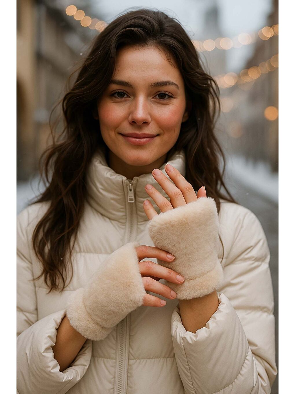 Kadın Kesik Pelüş Eldiven ELD-33 Bej-2