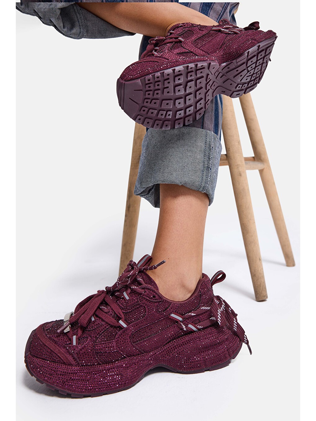 Kırmızı Kadın Bordo T11 İthal Işıltılı Taş Kaplama Özel Tasarım Sneaker Ayakkabı-2