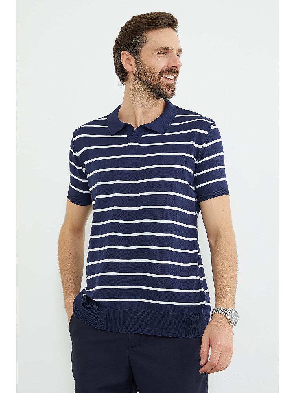 Lacivert Çizgili Apaş Yaka Triko Tişört-2