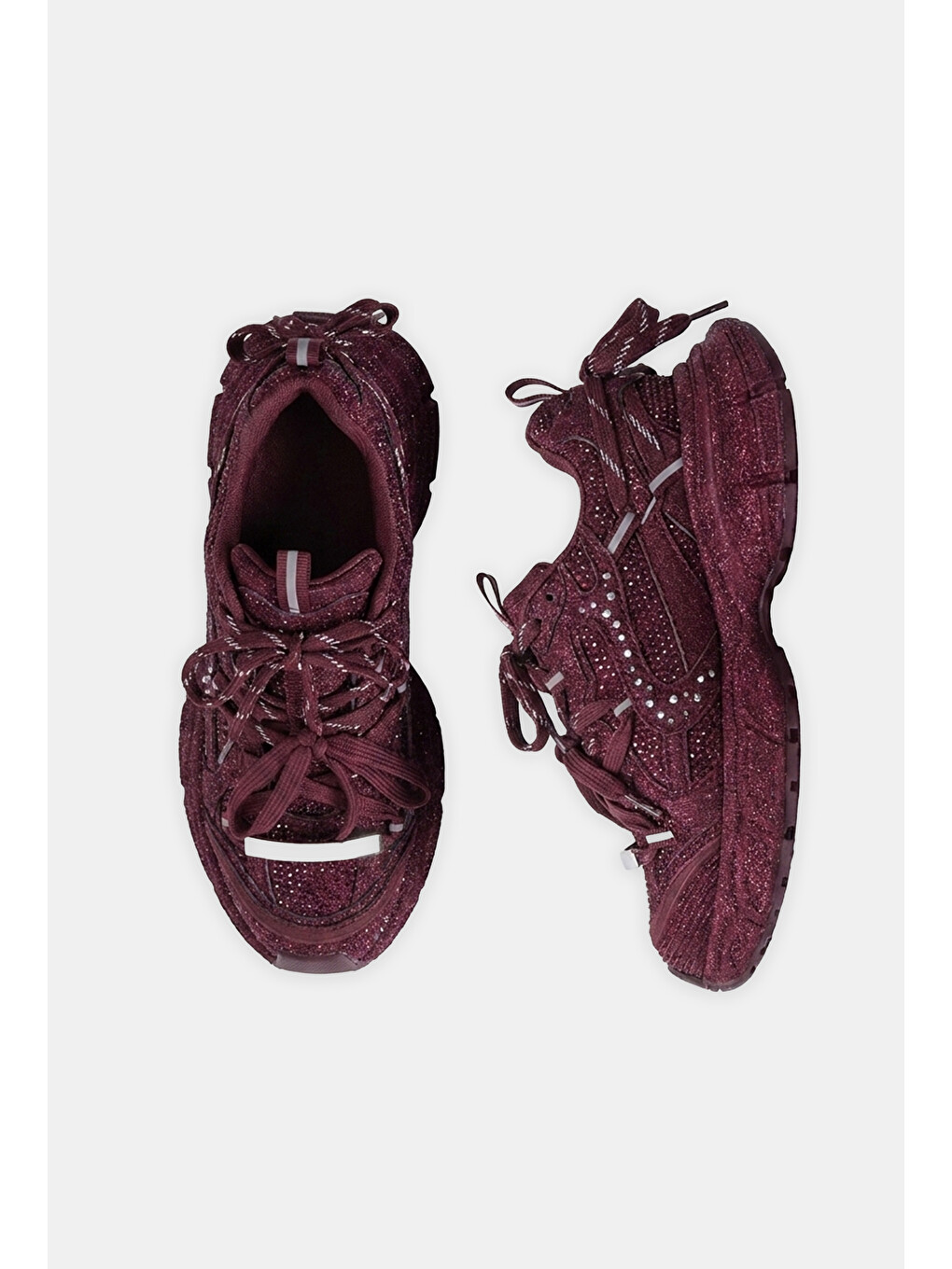 Kırmızı Kadın Bordo T11 İthal Işıltılı Taş Kaplama Özel Tasarım Sneaker Ayakkabı-3