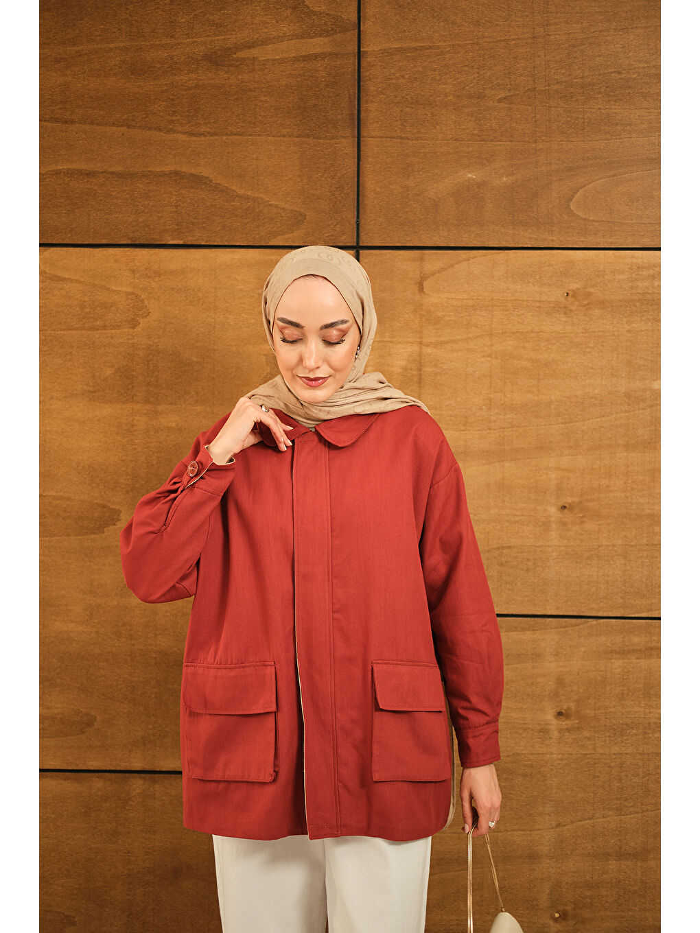 Kahverengi Kadın Fermuarlı Gabardin Ceket Kiremit-1