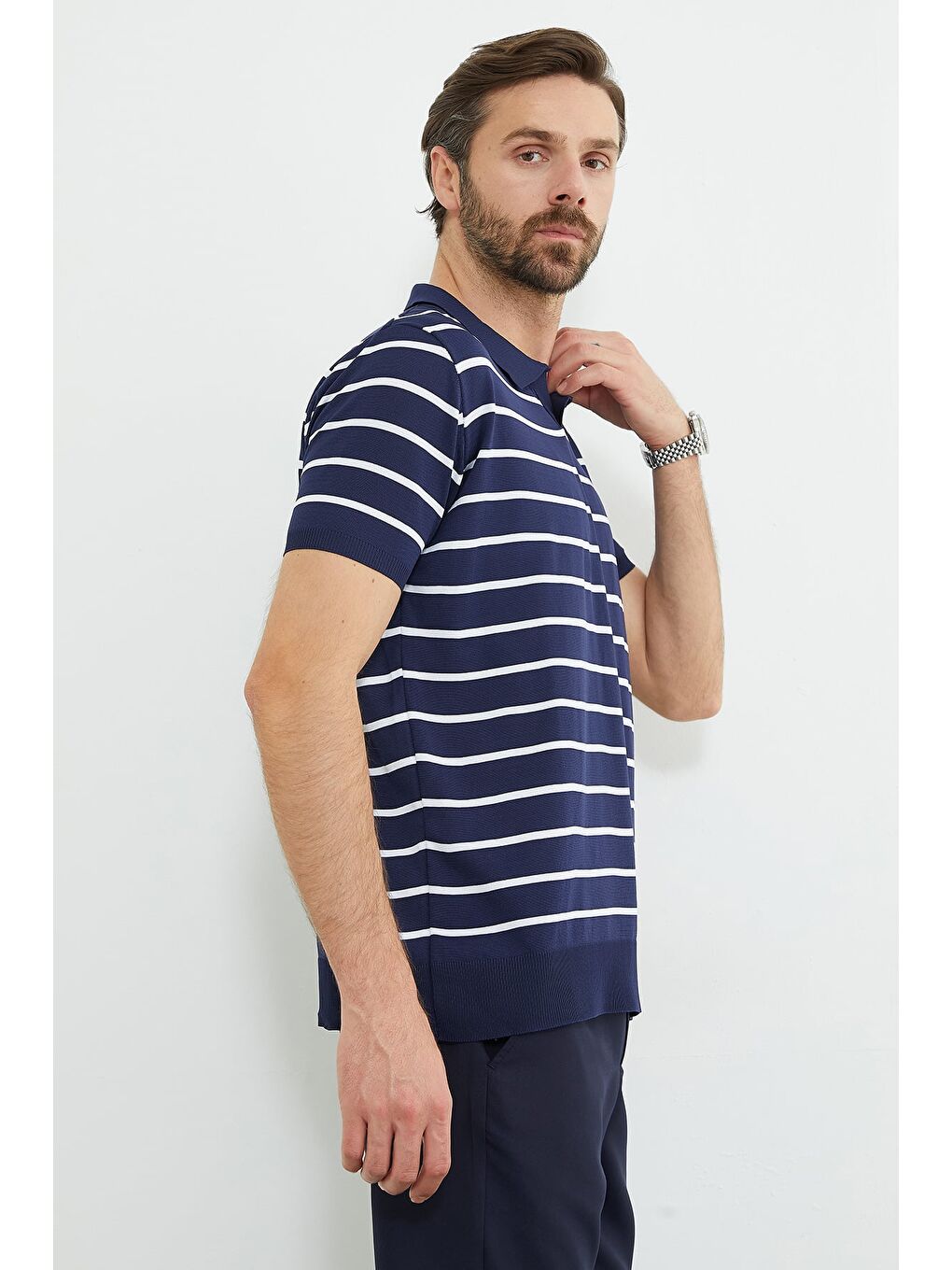 Lacivert Çizgili Apaş Yaka Triko Tişört-4