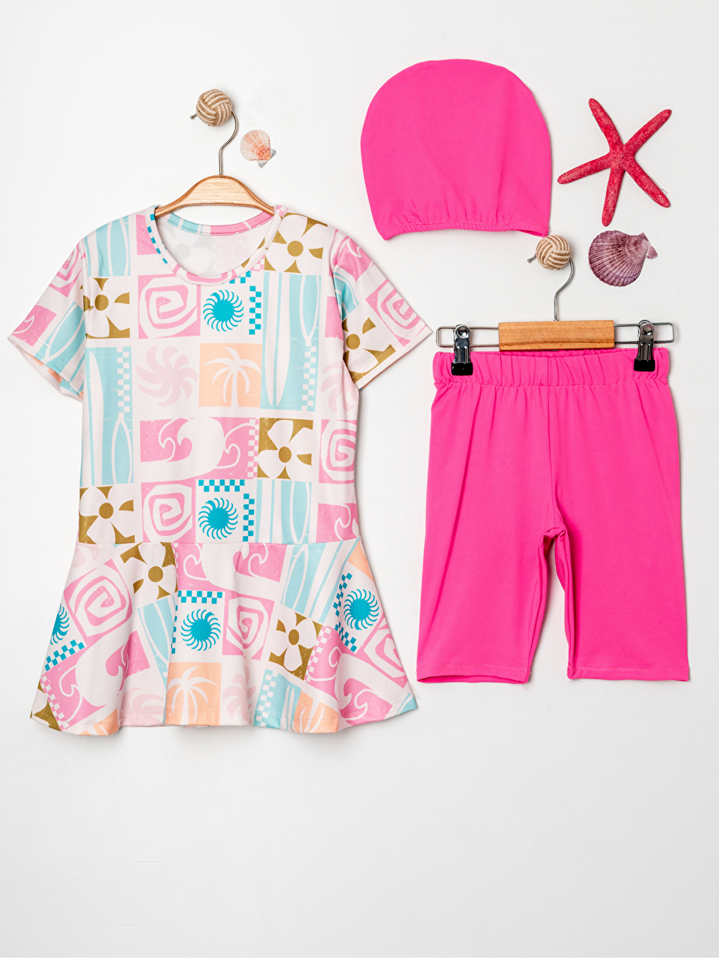 Pembe Kız Çocuk Bisiklet Yaka Etekli Mayo ve Tayt Bone Dahildir.-1