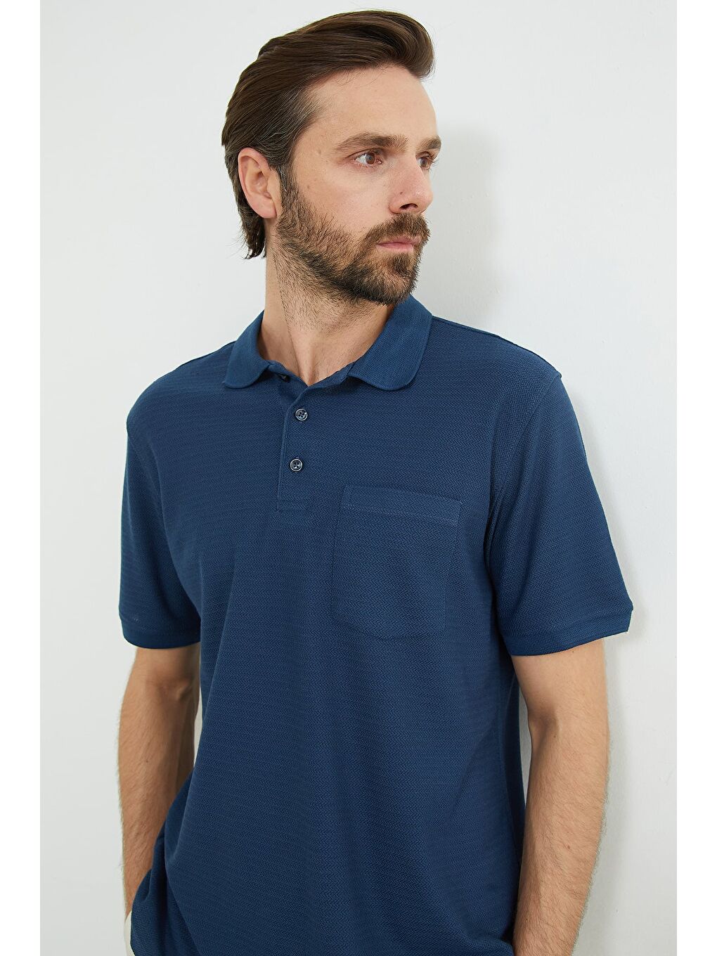 Lacivert Desenli Tek Cepli Polo Yaka Tişört-4