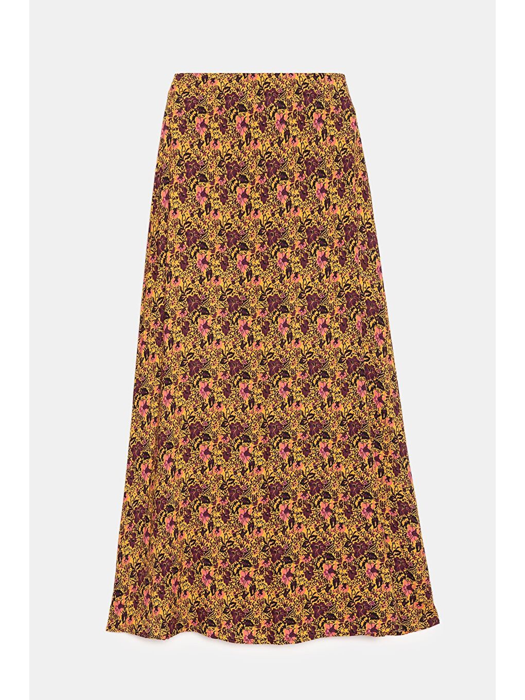 Sarı Çiçekli Kadın A Kesim Normal Bel Çiçek Desenli Midi Dokuma Etek - Viskon