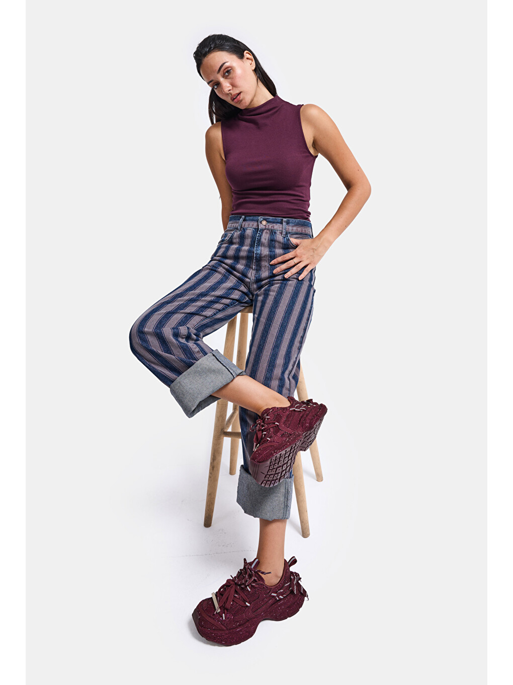 Kırmızı Kadın Bordo T11 İthal Işıltılı Taş Kaplama Özel Tasarım Sneaker Ayakkabı-4